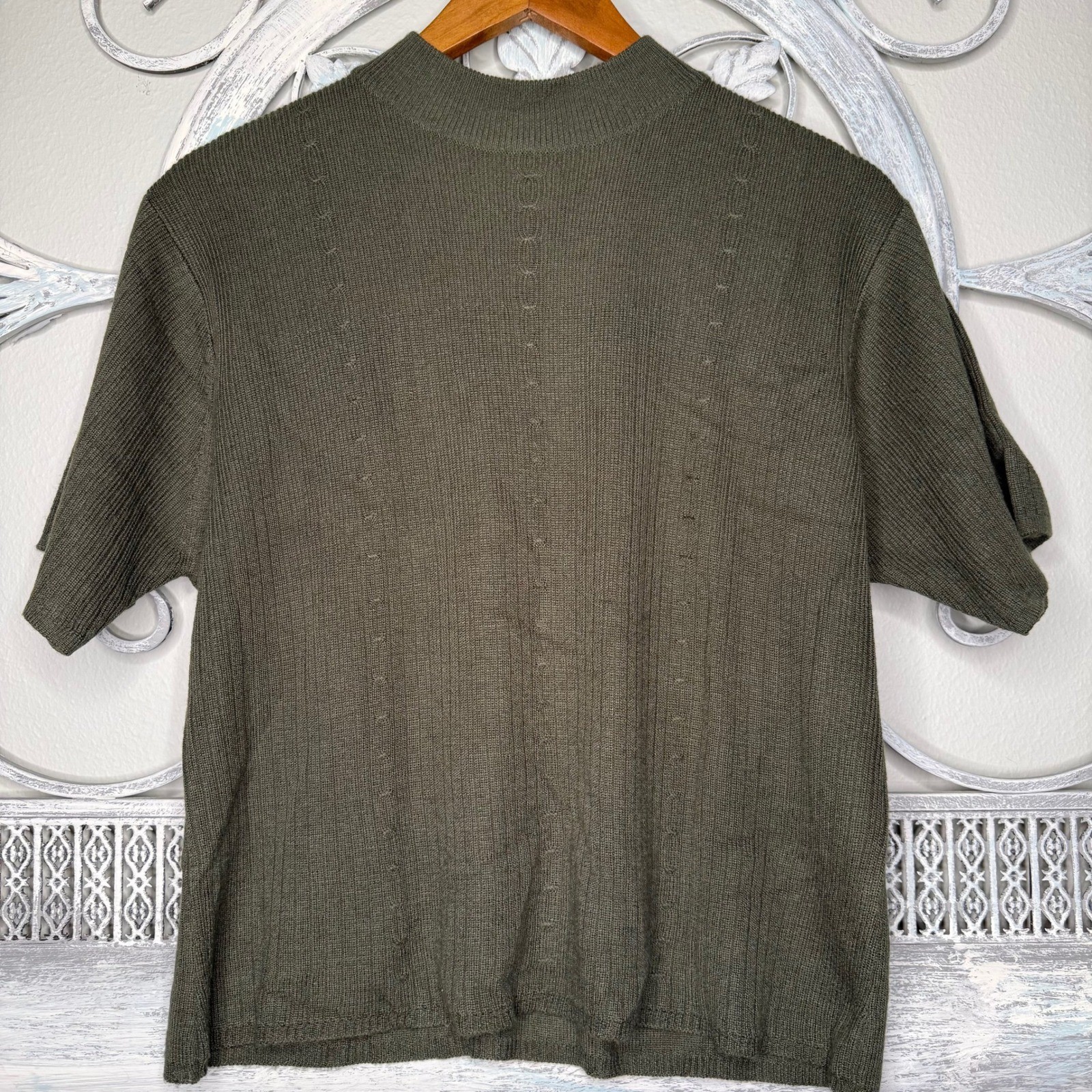 Kathie Lee Collection Vintage 90s Olive Green Mock Neck Short Sleeve Sweater XL