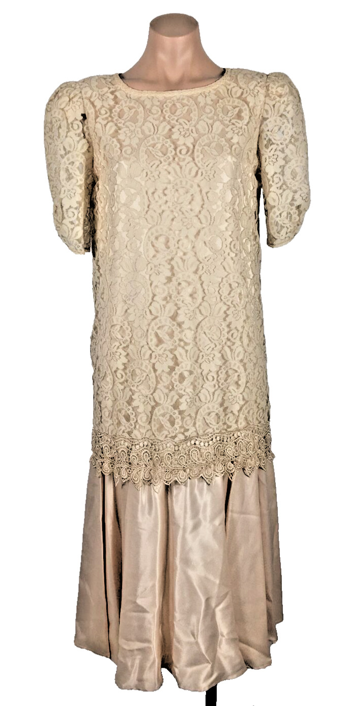 Vintage 80s JC Penny Drop waist Nude Peach satin lace Prom Dress Size 10 Gatsby