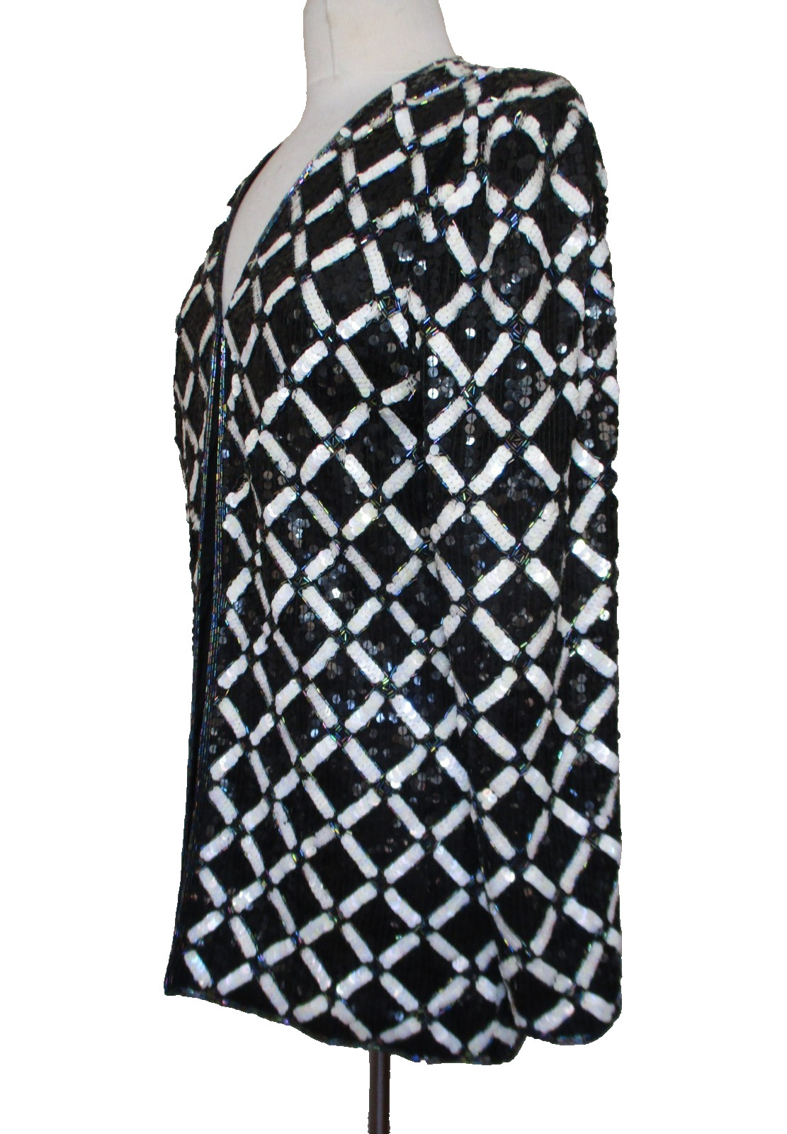 Vintage Joan Leslie Evenings Women&rsquo;s Silk Sequin Jacket Black White Diamond M
