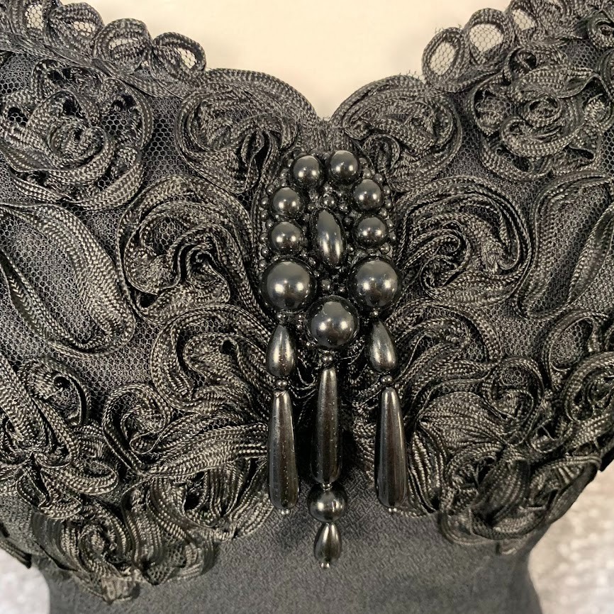 Vintage Flirtations Y2K Gothic Glam Black Dress Beaded Rosette Bodice Whimsigoth