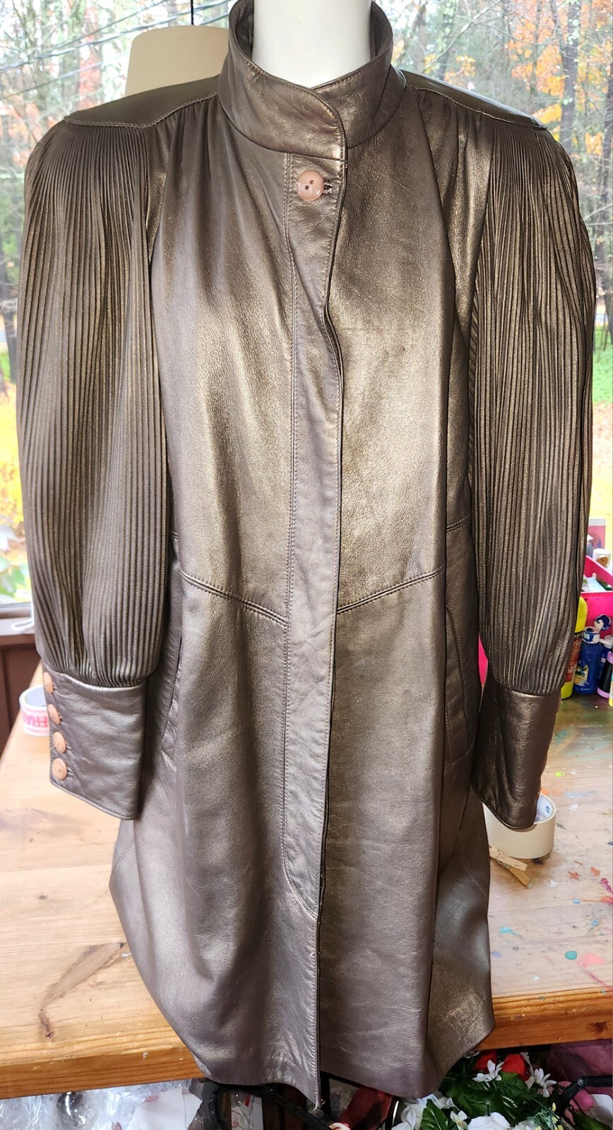 SALE!!! VTG 1980s Dynasty Disco Pewter Metallic Leather Coat Pleated Puff Sleeve