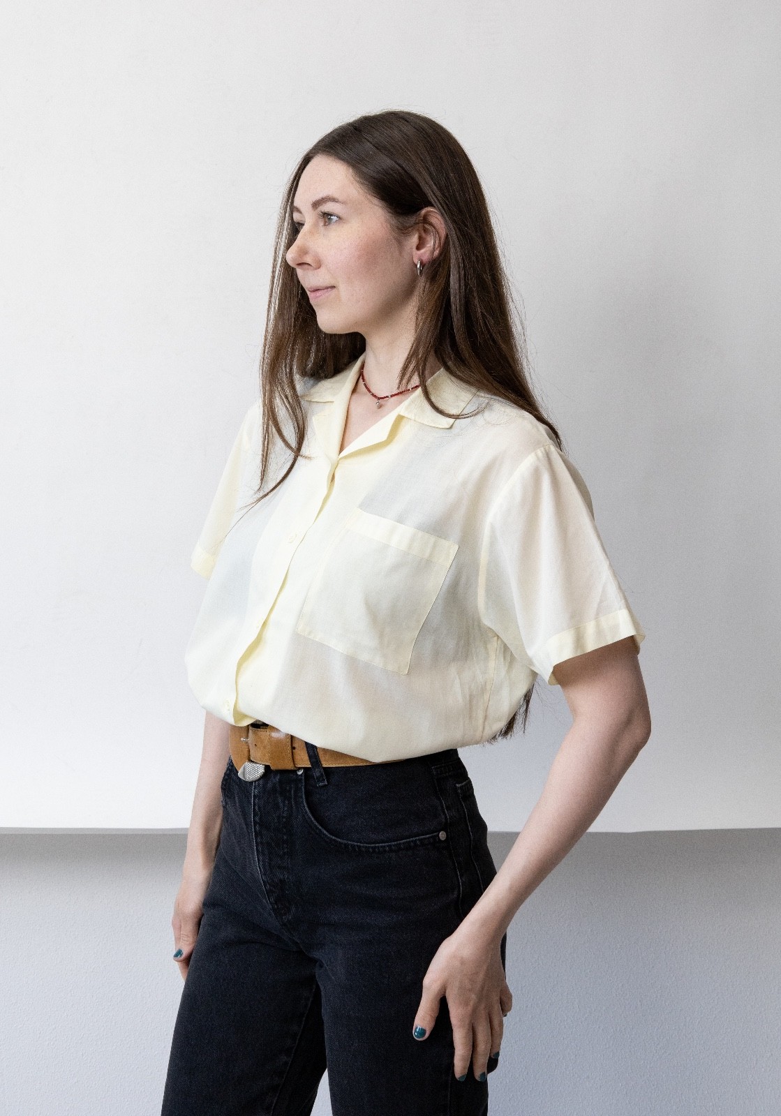 Vintage 80s Butter Yellow Camp Collar Shirt Women&rsquo;s M Short Sleeve Boxy 1980s