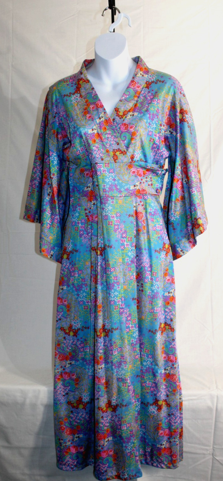 Vintage Loungewear by Gossard Nylon Long Multicolor Floral Lounger Robe Sz-Sm
