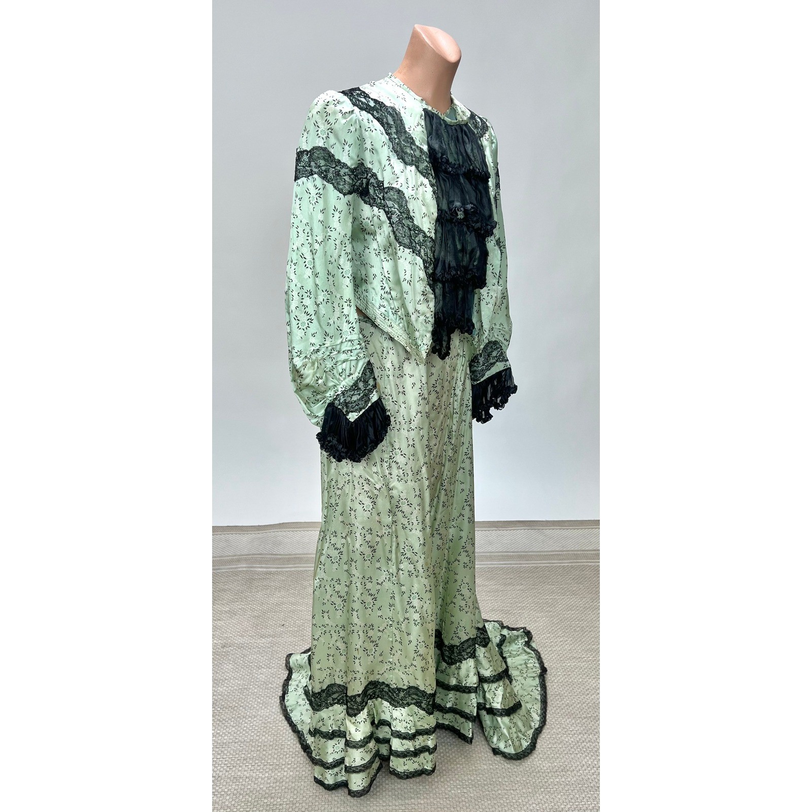 Antique Victorian Mint Green Printed Silk Two Piece Floral Skirt Set Black Lace