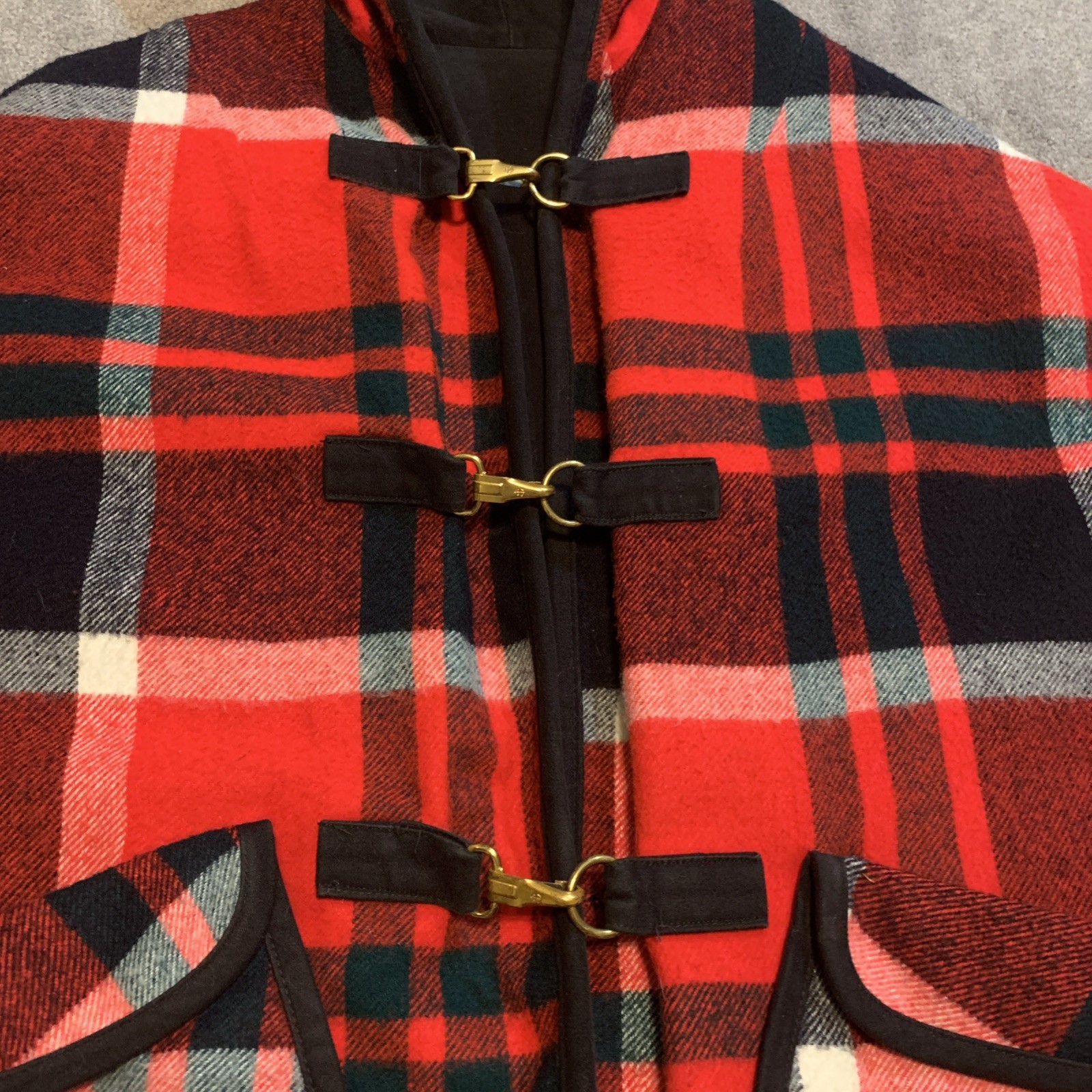 Vintage 70s Red Plaid Wool Blend Reversible Fringe Poncho Cape One Size