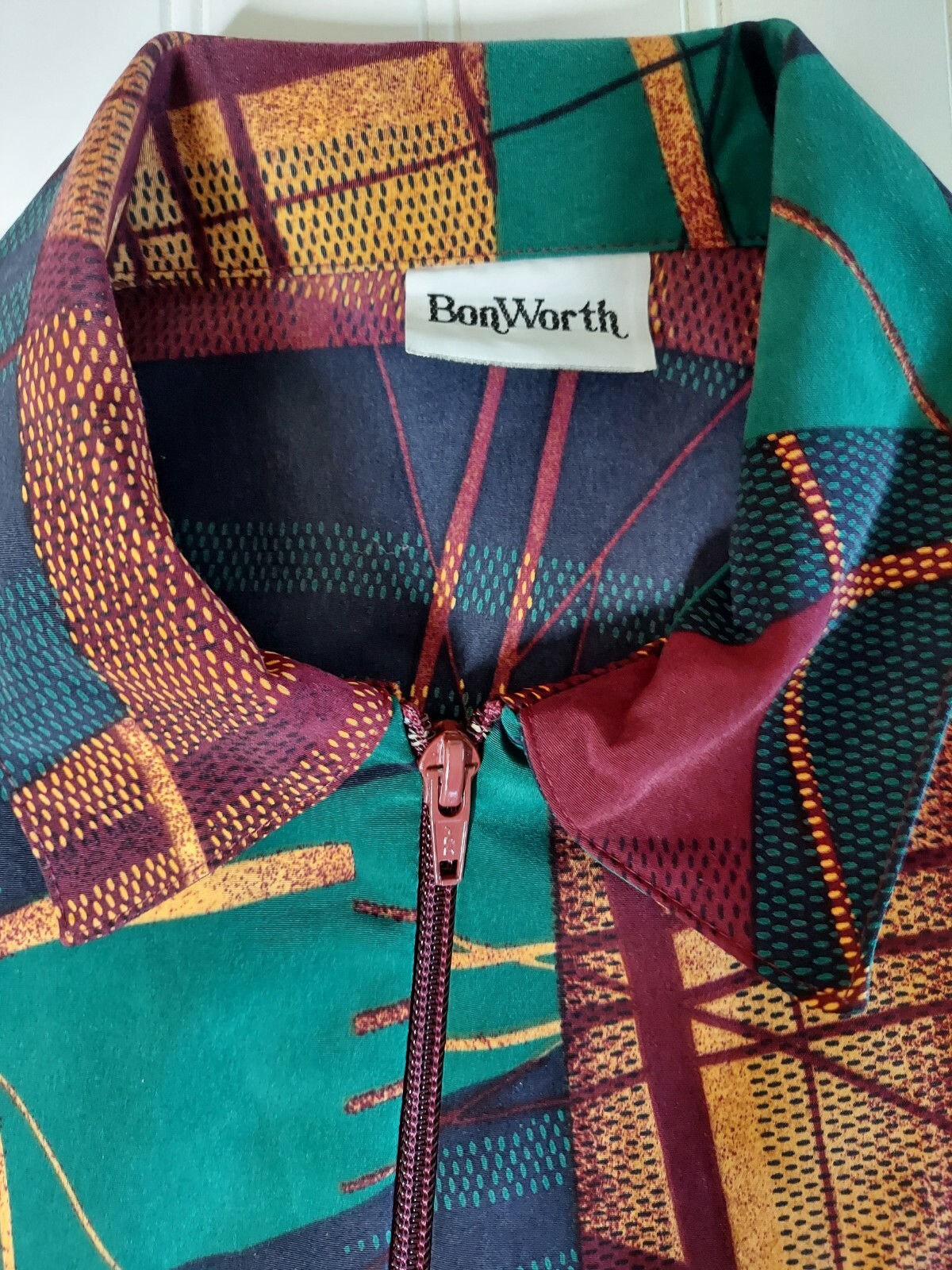 Vtg Bonworth Silky Bomber Jacket Geometric Print Multicolor Zip-Up Sz: Med/LG?