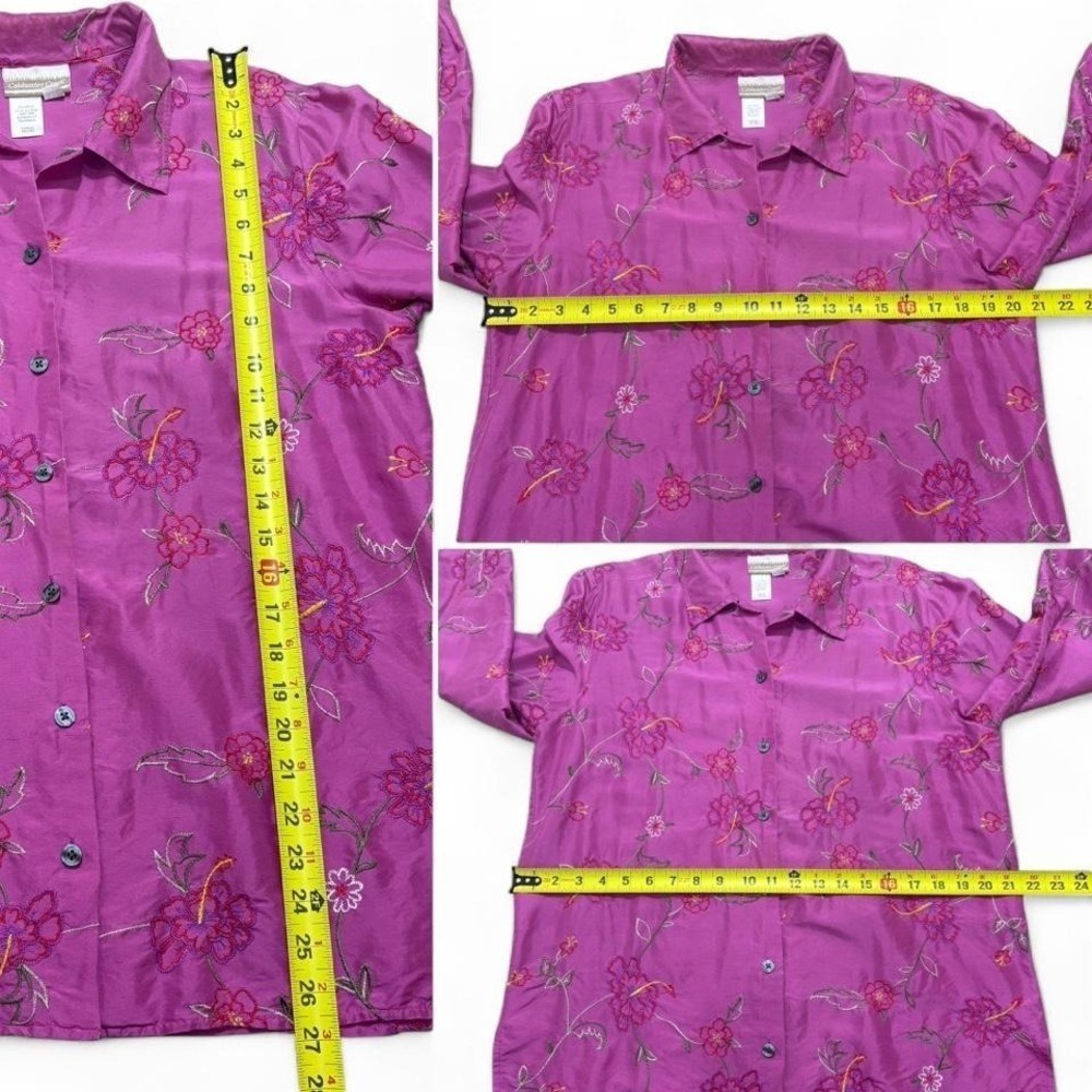 VTG Silk Blouse Embroidered Fairycore Coldwater Creek Floral Magenta Size M