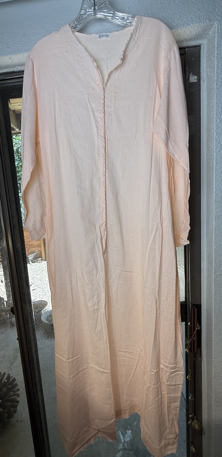 Eastern Isles Hand Made Sheer Cotton Nightgown Light Peach With Embroidery L/S W