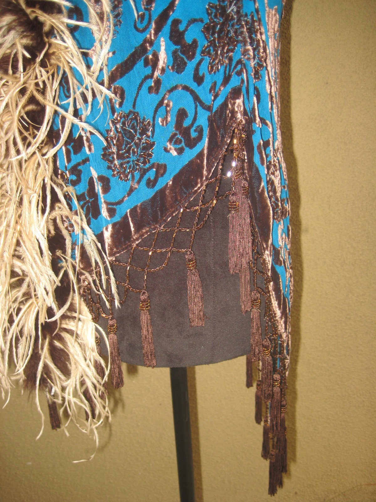Vintage w/tag Mina Collection turquoise burnout kimono feathers sleeves wrap S/M