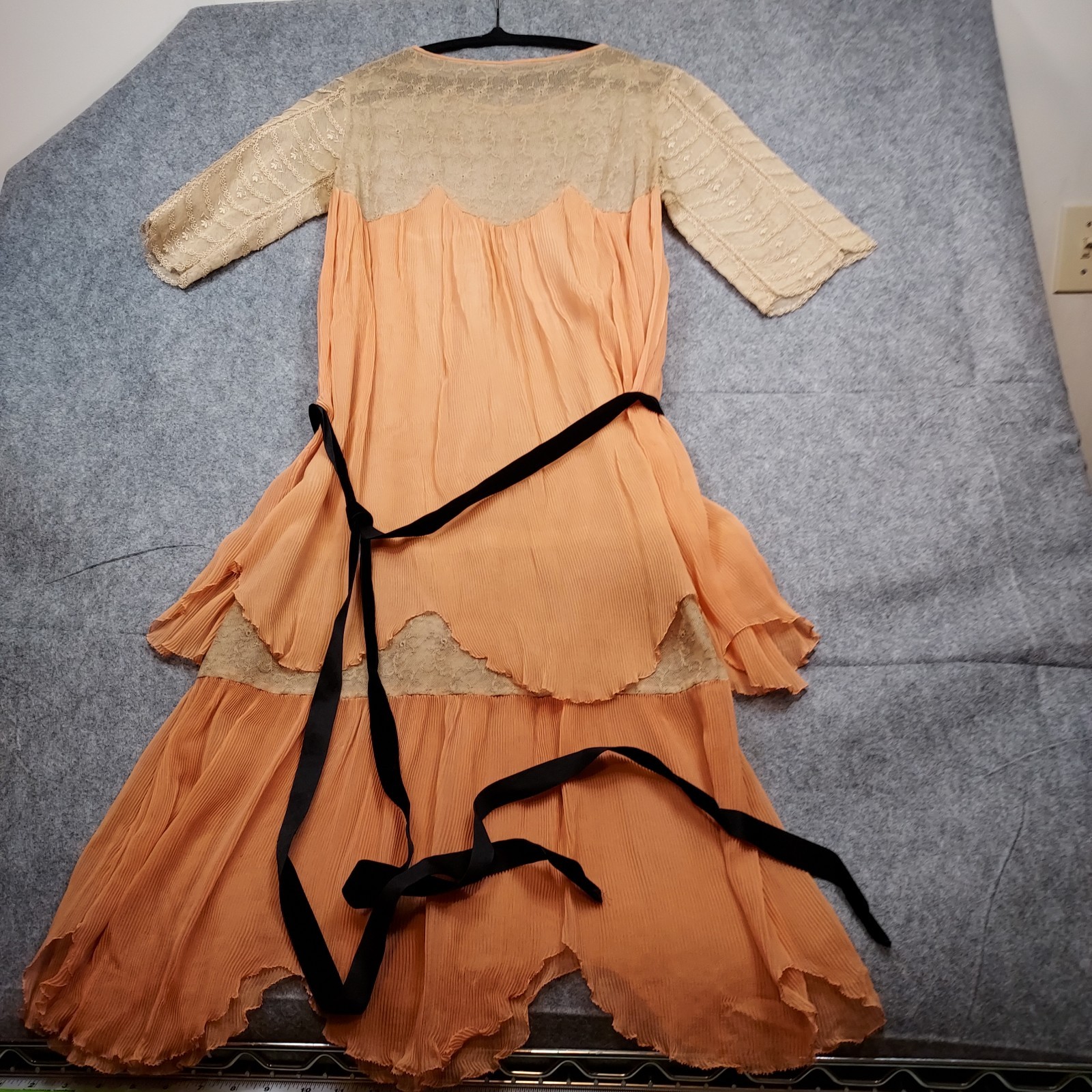 1910s Flapper Dress Lace Chiffon Authentic Peach Sash Titanic True Vintage