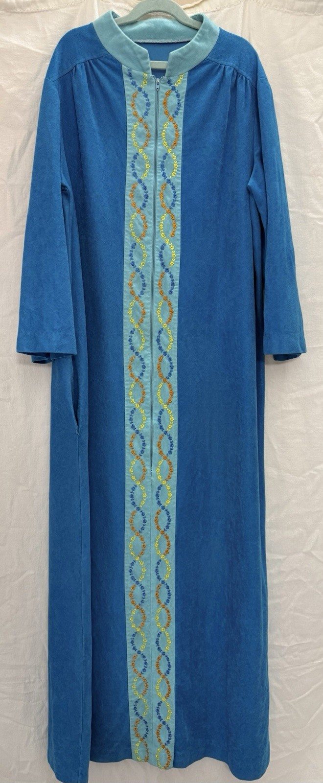VTG 70s Blue Hostess Caftan Maxi Lounge Dress Boho Grandma Chic Glam