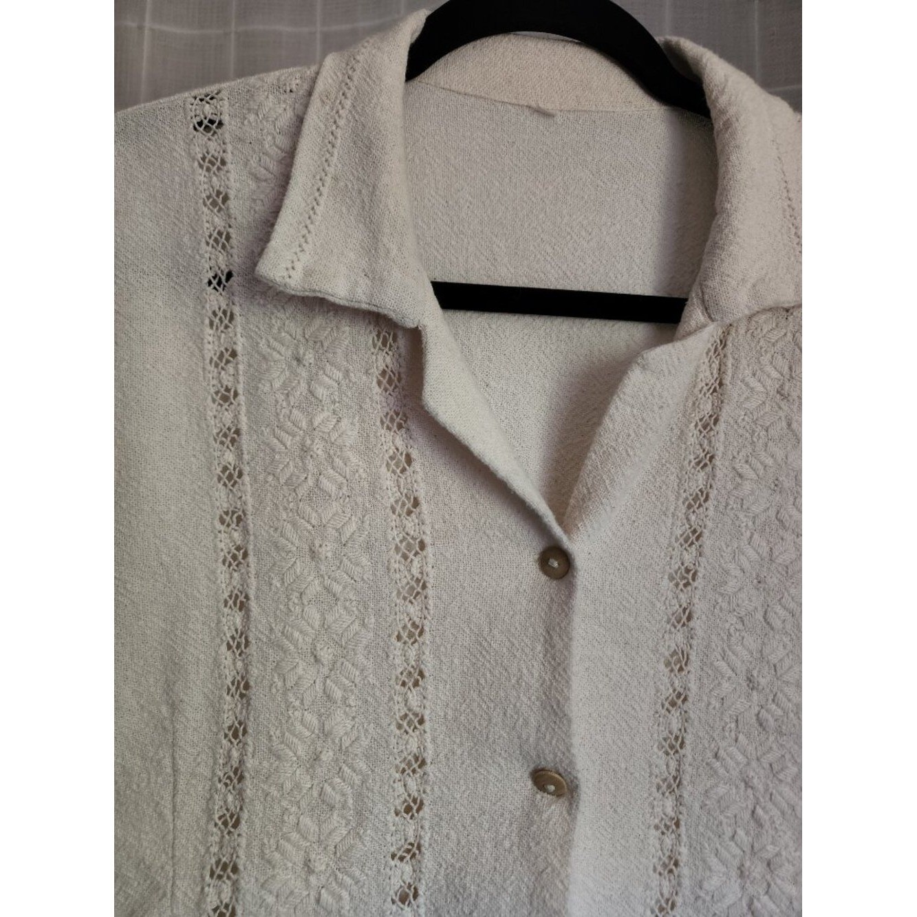 Vintage White Textured Button Front Blouse, Lace Detail, Cottagecore, Size M