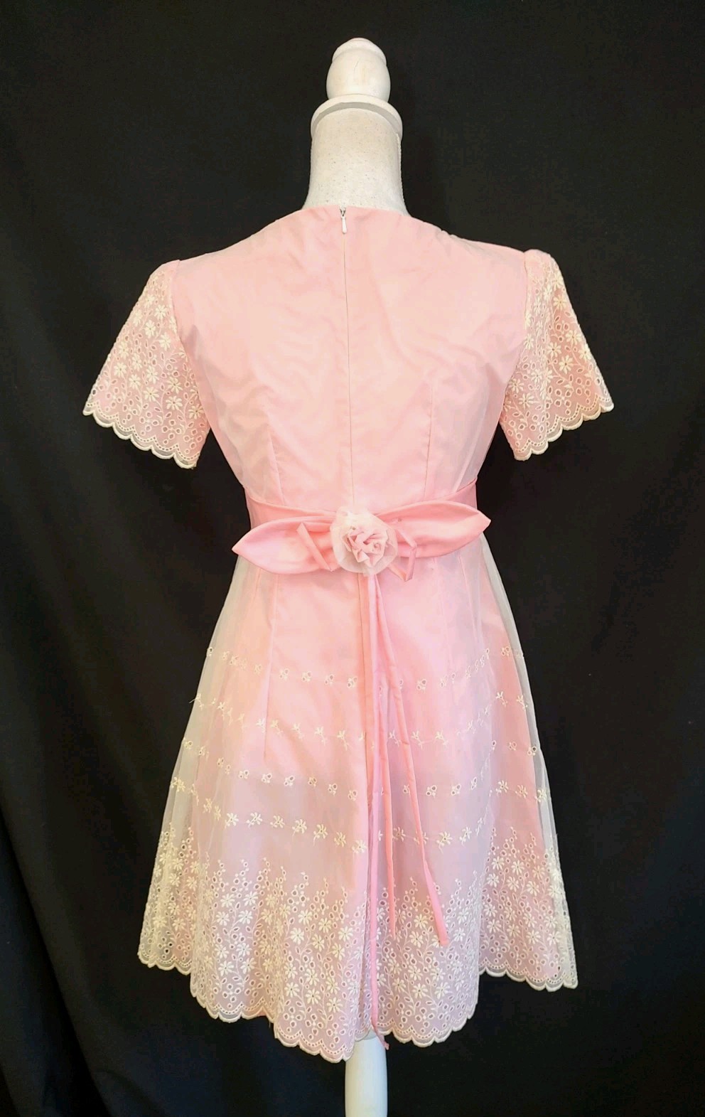 60&rsquo;s Vintage Pink Dress Eyelet Organza Taffeta Coquette Girly Short Sleeve XS/S