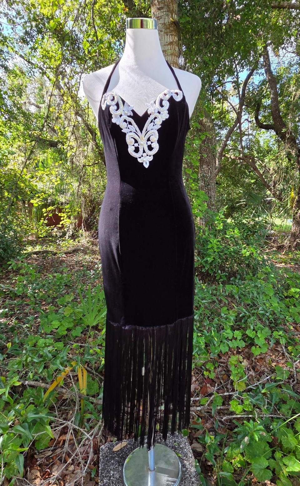 Vtg Speed 80s USA Black Velvet White Lace Formal Cocktail Party Dress Flapper S