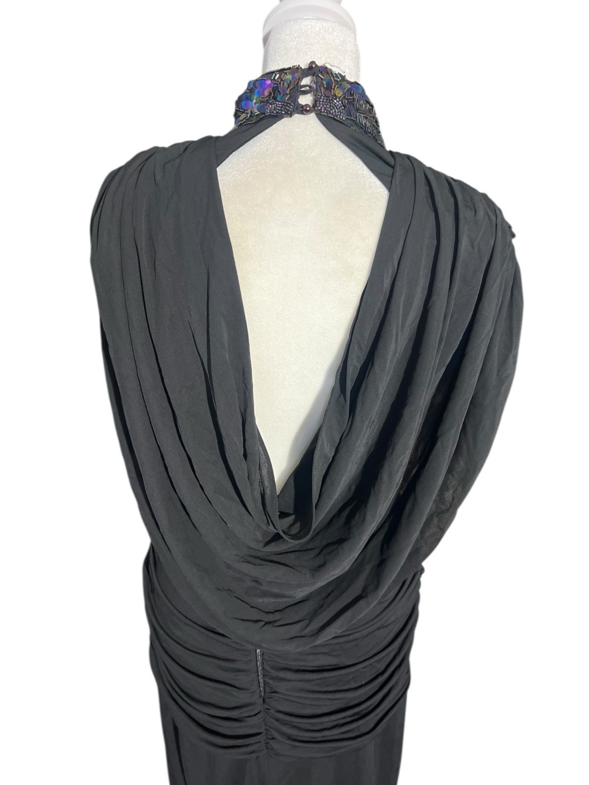 Vtg Casadei Black Beaded Runched Dress Plunging Neckline Sz 8