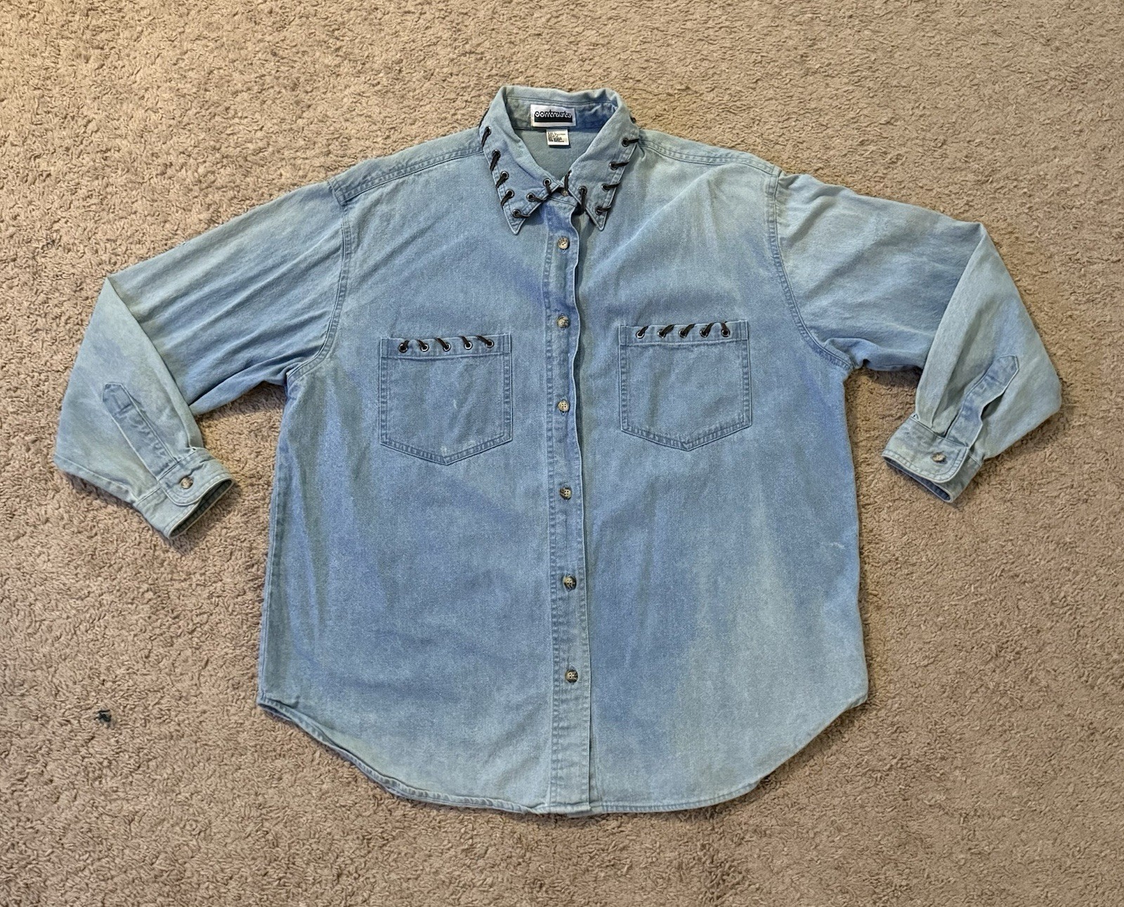 Vtg Womens Large Boho Hippie Contrasts Western Denim Shirt Distressed Chambray