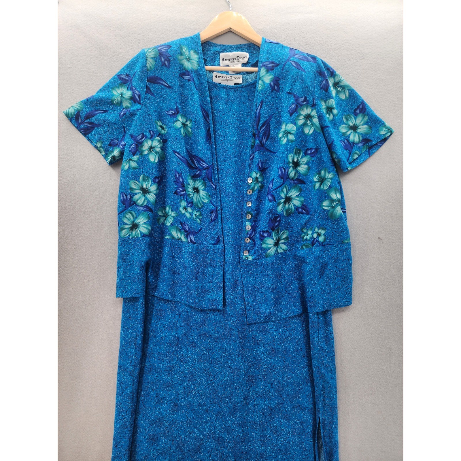 Another Thyme Vintage 90s Tropical Floral Blue Maxi Dress & Jacket Set Size 16