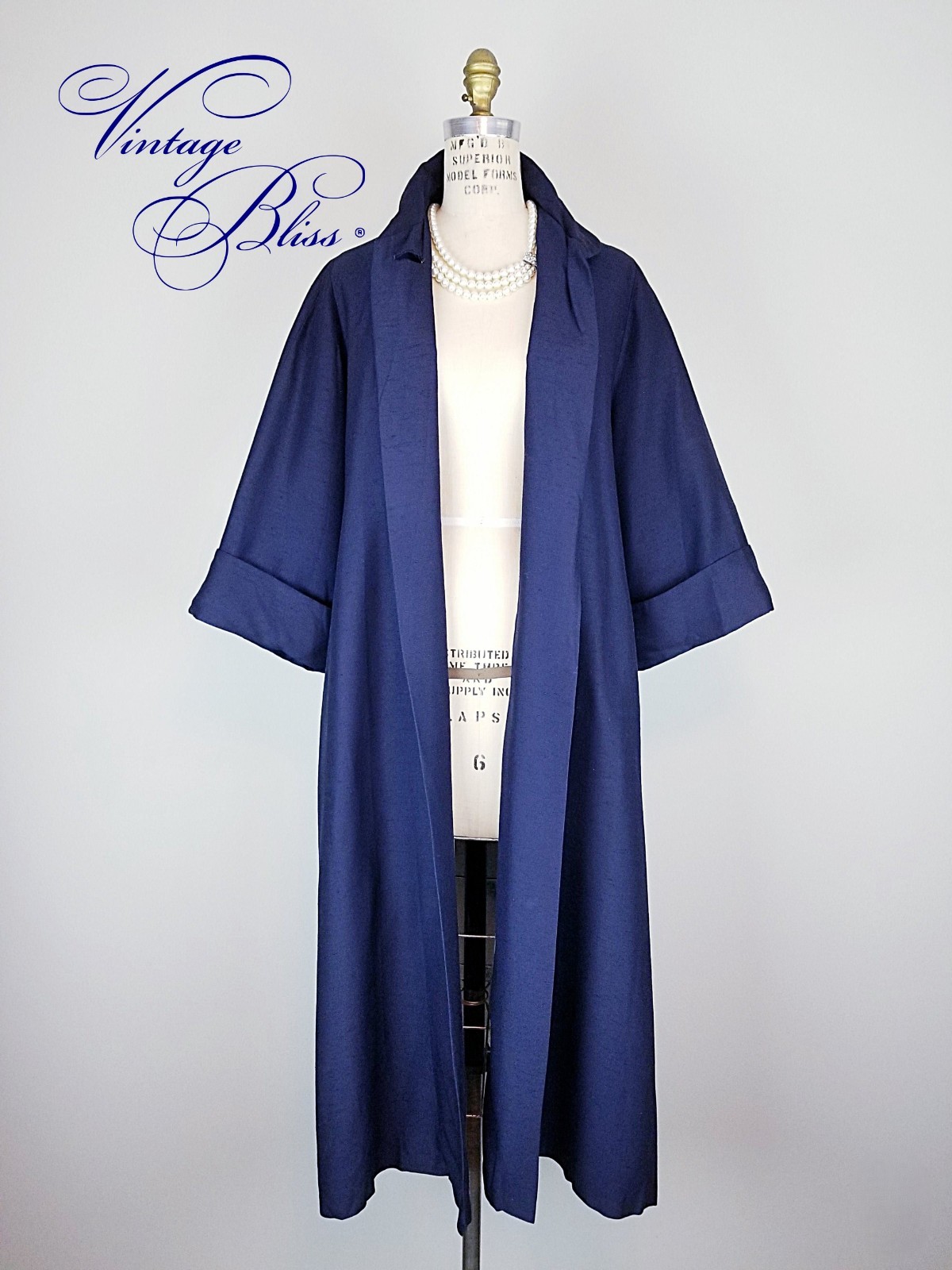 Gorgeous Vintage 1950s Navy Silk Shantung Trapeze Over Coat Mid Century
