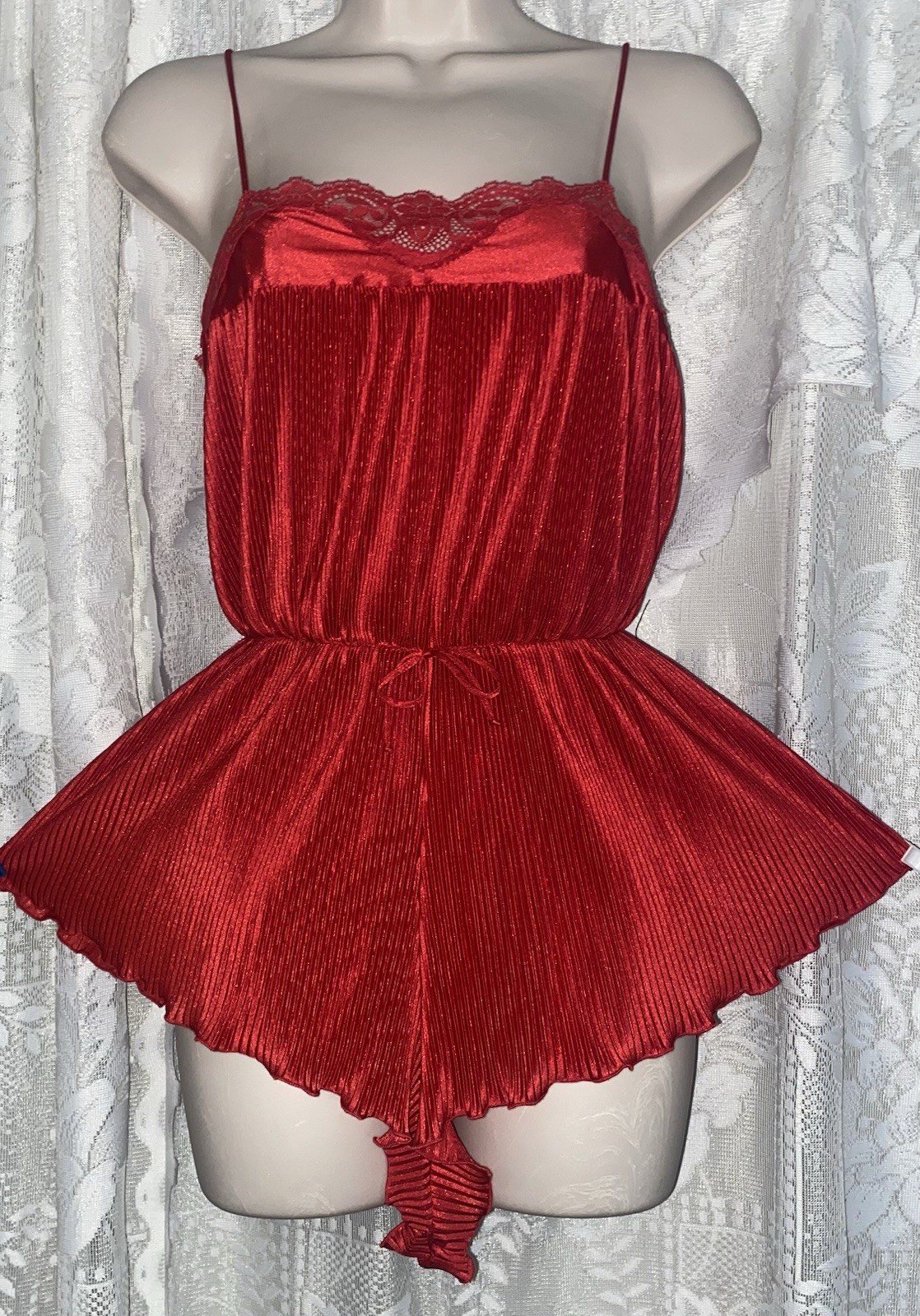 VTG S M RED MISS ELAINE BUTTER SOFT Pleated TEDDY Babydoll Romper nightie w lace