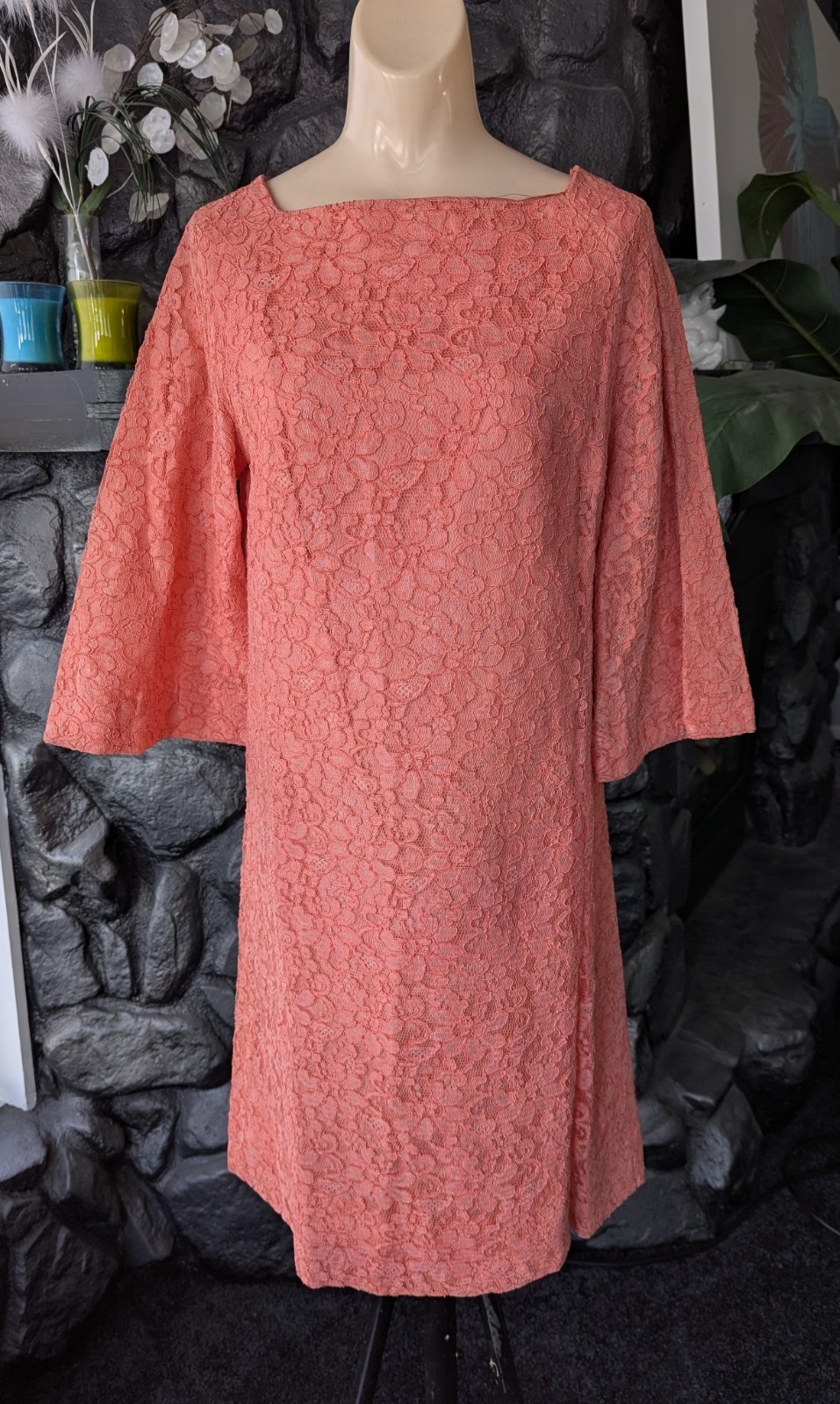 Vtg 60s Coral Peach Lace A-line Dress Bell Sleeves Satin Bow Sz M Party Cocktail