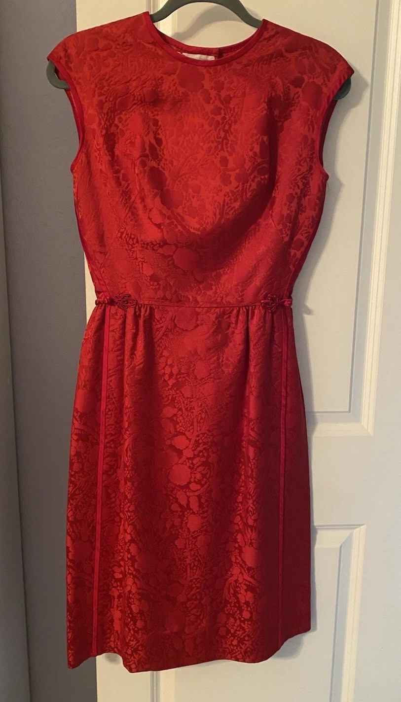 Vintage 1959s Red Satin Brocade Wiggle Dress Size Small