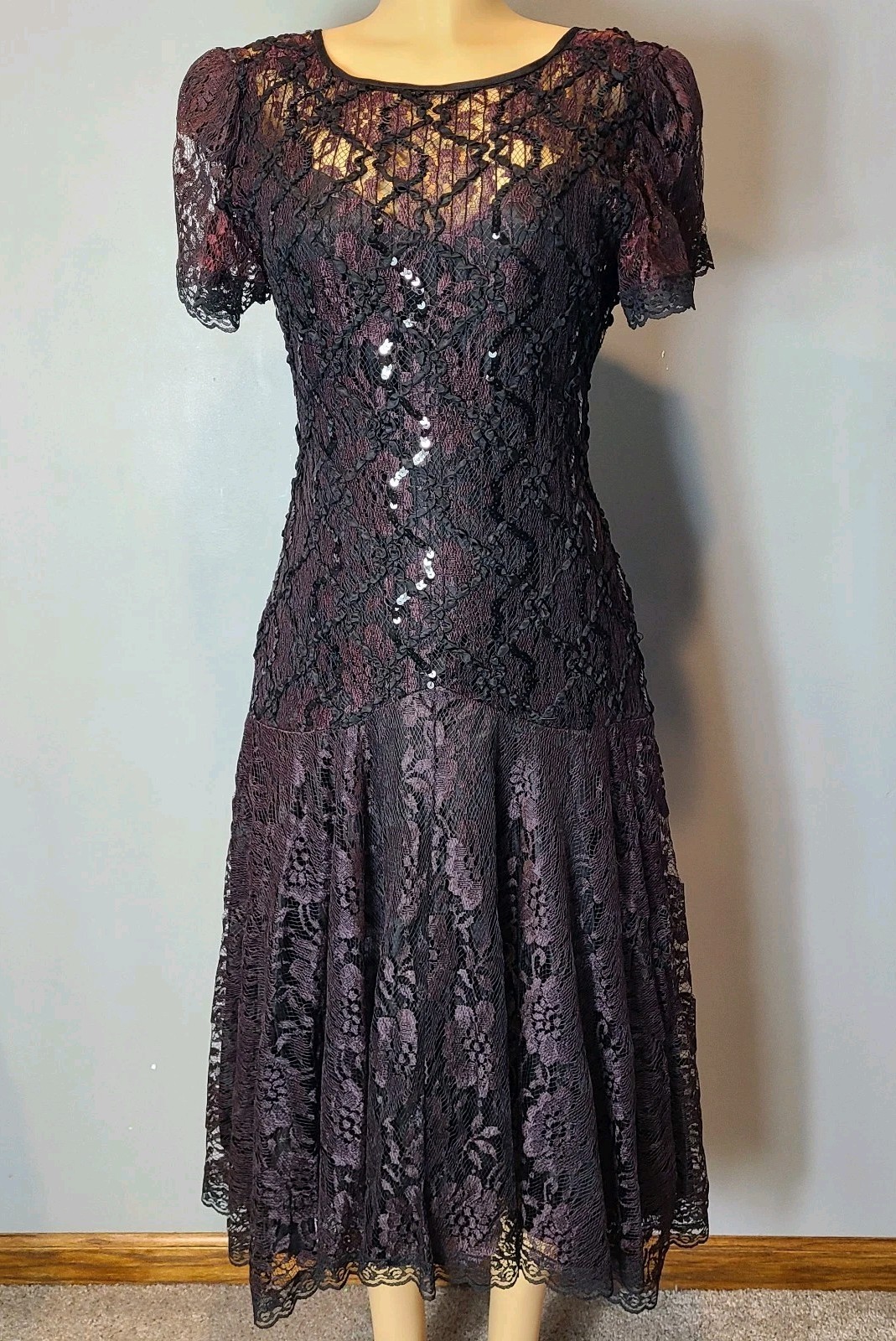 VTG Drop Waist Dress lace Sequin Flapper Art Deco Romantic 1920 Fairy Whimsigoth