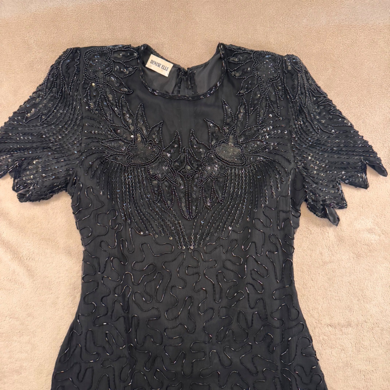 Vintage Gatsby Flapper Beaded Sequin Cocktail Party Dress Art Deco Black SZ M