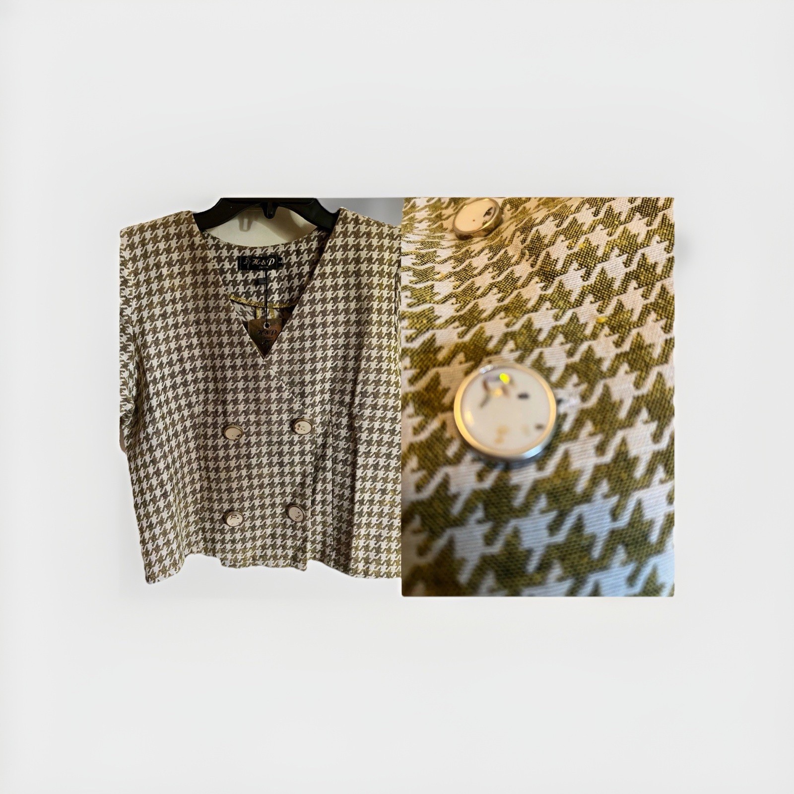 1960’s -70’s Green/Ivory Houndstooth Cropped Button Top NWT Size Large