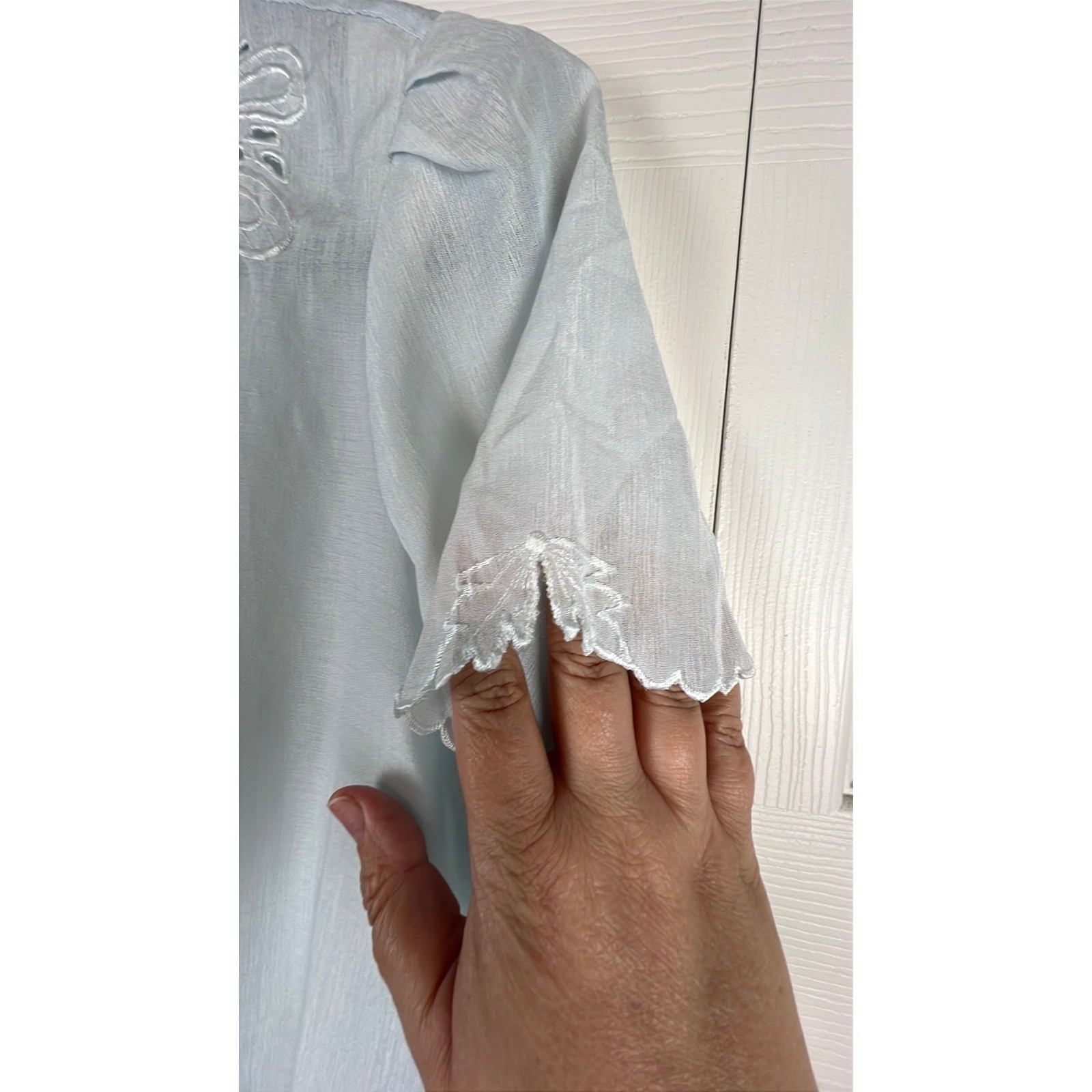 Vintage Sheer Lace Collar Blouse Cottagecore Coquette Boho Light Blue Nylon Med