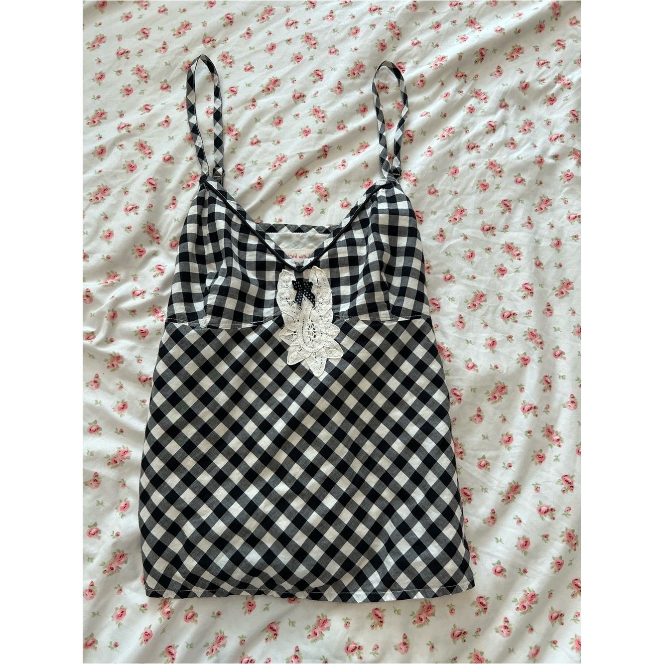 vintage black & white gingham babydoll tank top with lace and bow