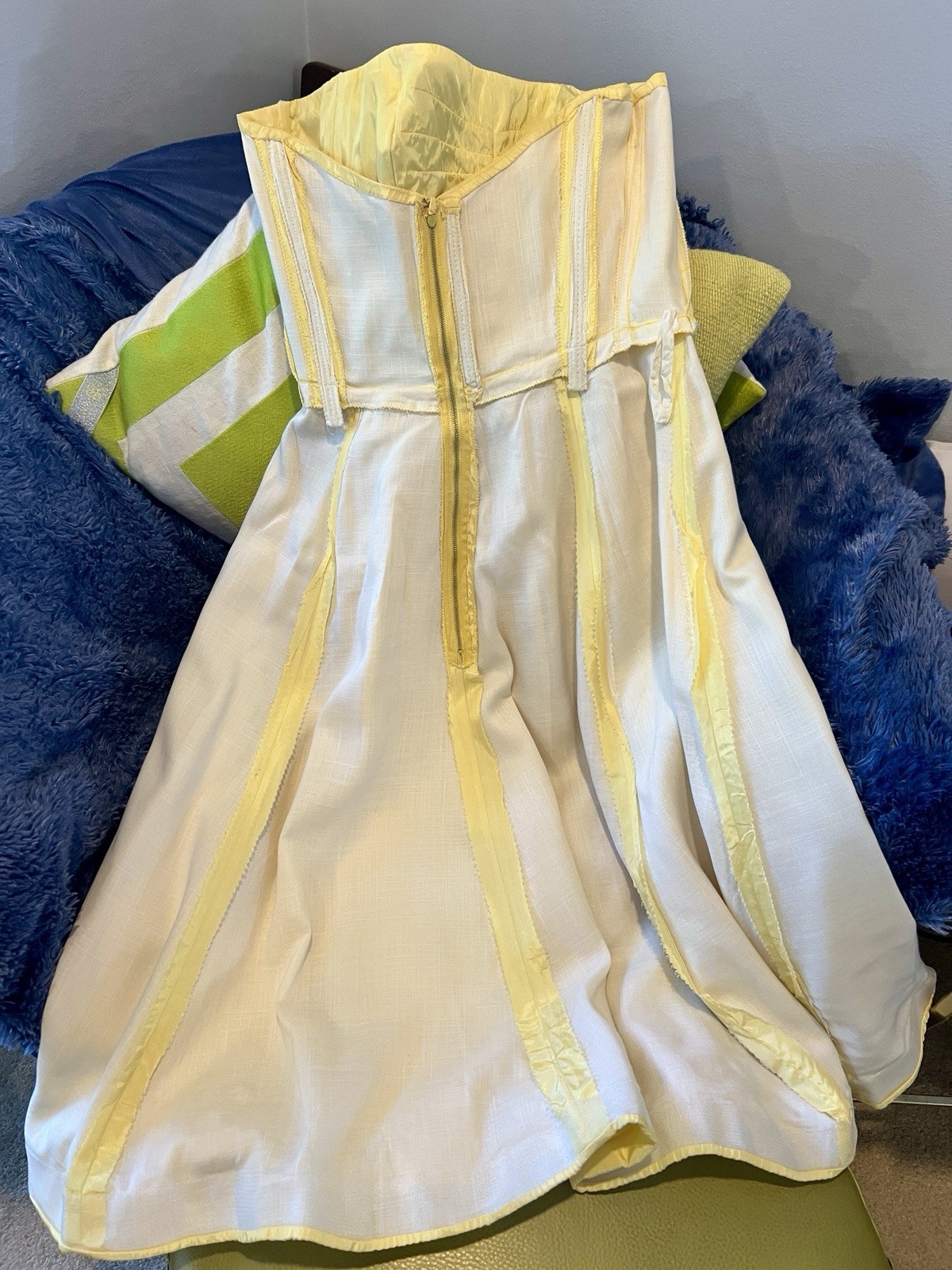 Vintage Buttercream Lined Yellow Strapless Satin Darted Boned Bust Circle Dress
