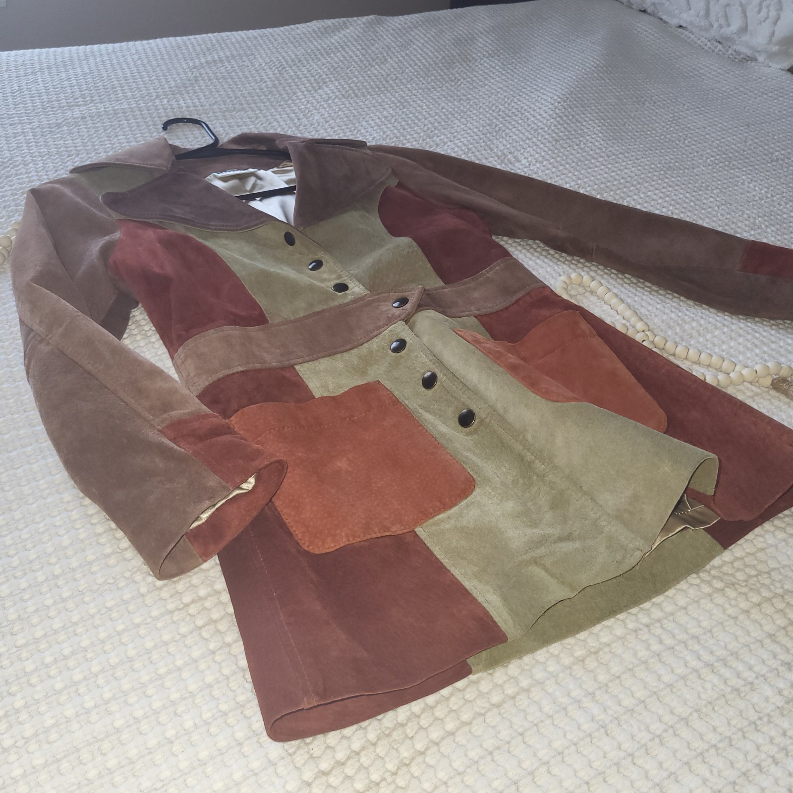 Vintage Patchwork Suede Belted Jacket Mod GoGo Zip Pockets Multicolor Size Small