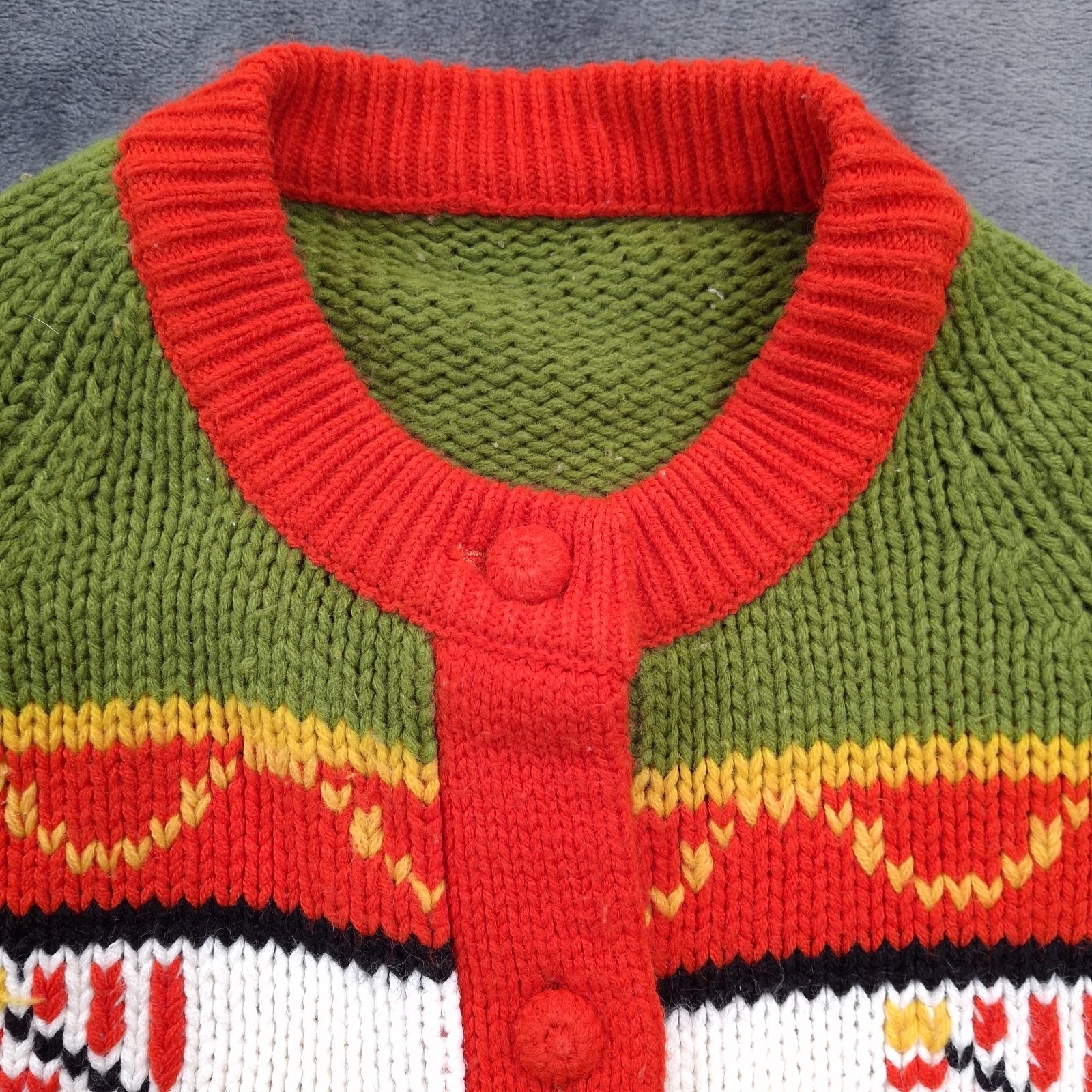 Vtg Handmade Button Front Sweater Red Green Acrylic Blend Womens M 80s Style