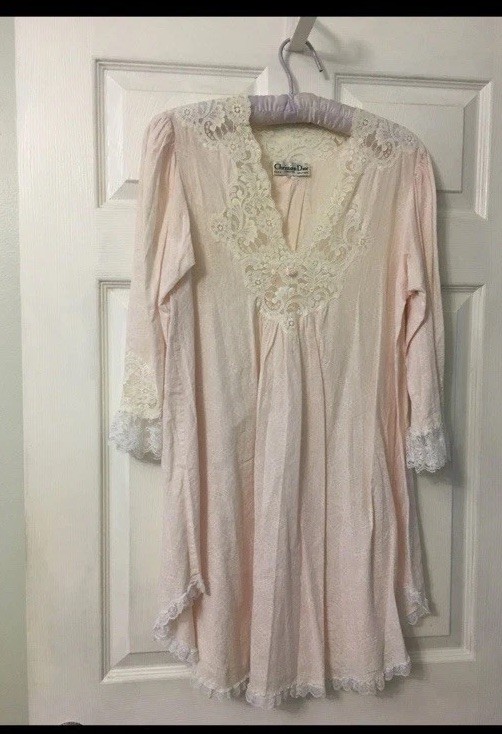 Vtg. Christian Dior Pink & White Cotton/Lace Nightdress M