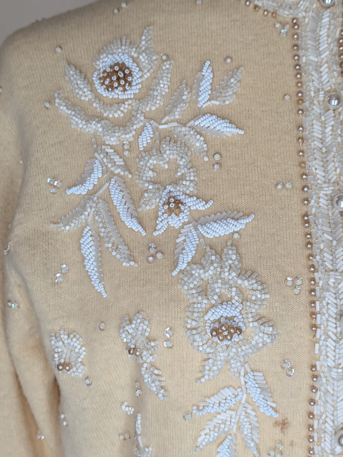 Vintage 1950s Hand Beaded Cardigan Cream With White Floral Beading Size Small