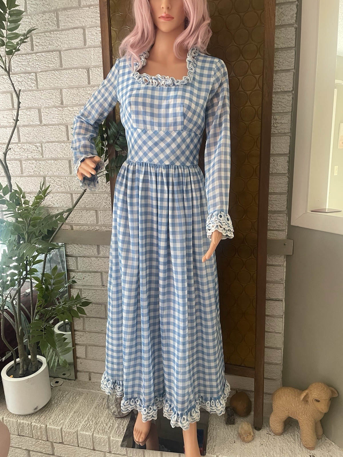 VTG Blue Prairie Dress Gingham Maxi Dress 2XS Country Cottagecore Ruffle Lace