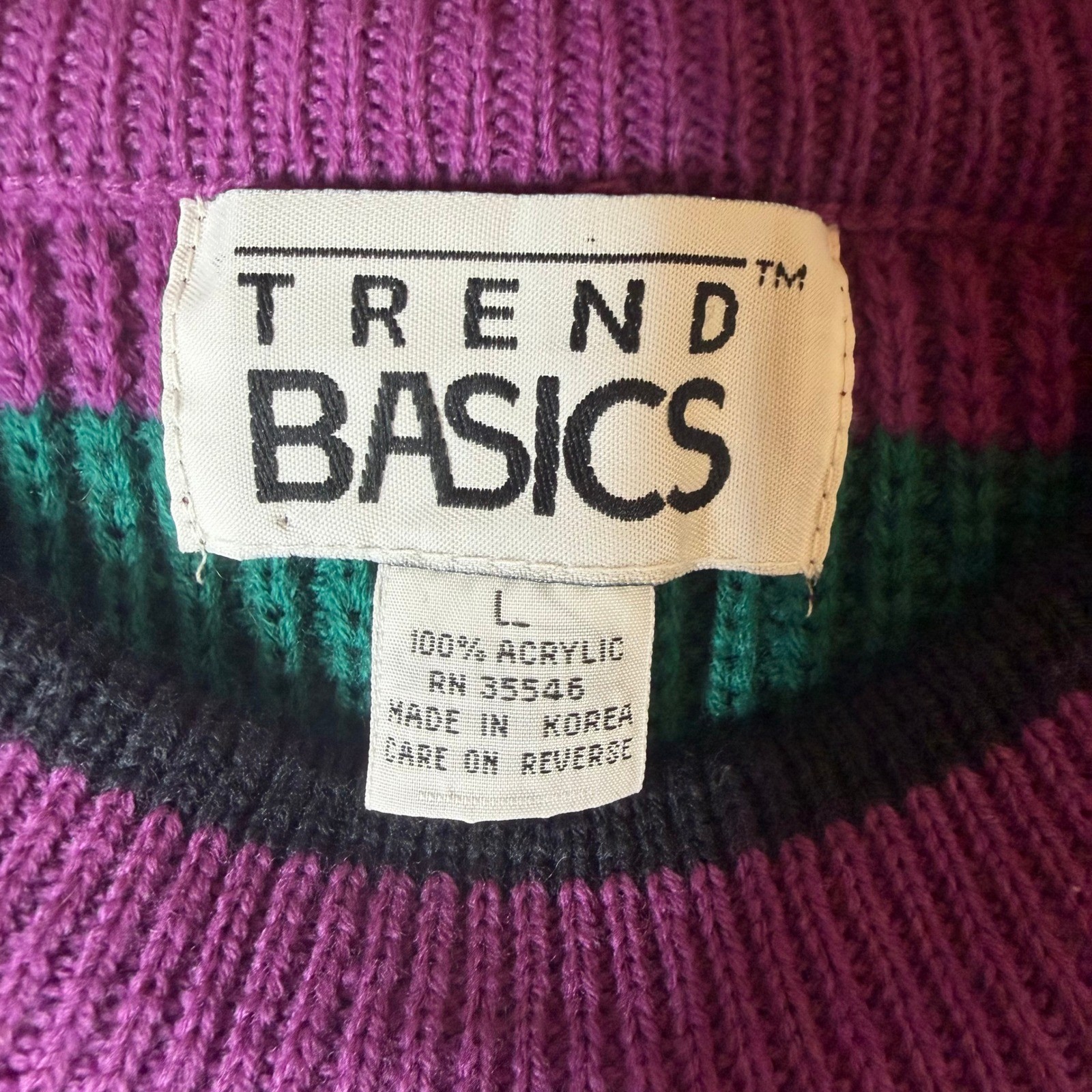 Vintage Trend Basics Purple Green Striped Knit Sweater Womens Large Acrylic Crew