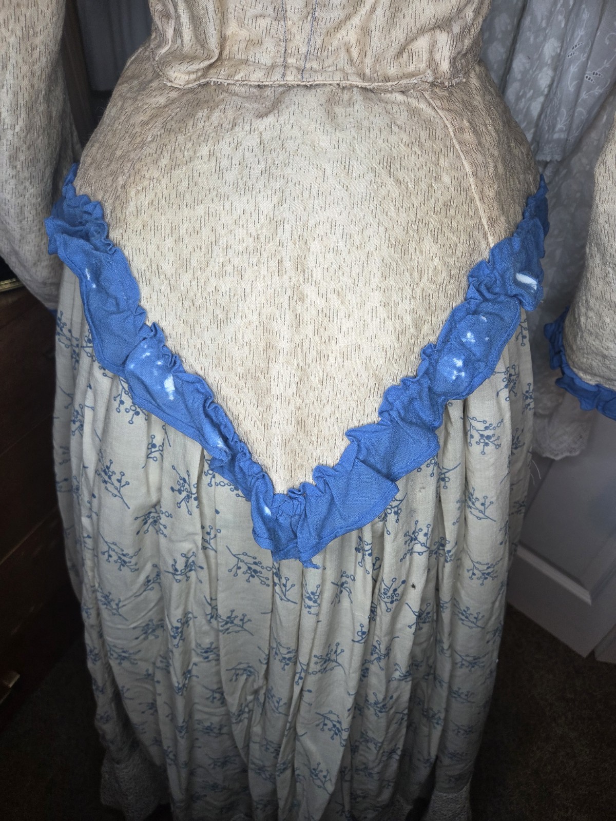 1850s Victorian 4pc Beige/Teal Cotton Blend Visiting Dress w/ Peplum & Lace Belt