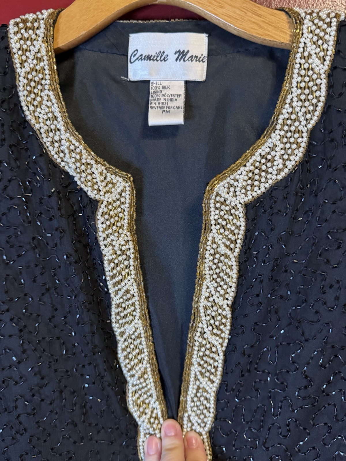 Vintage 80s Silk Beaded Jacket Black Gold Size PM