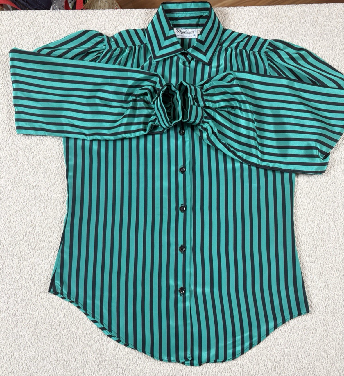 Vintage Pussy Bow Scarf Blouse Button Up Women&rsquo;s 8 Striped Green Made In USA