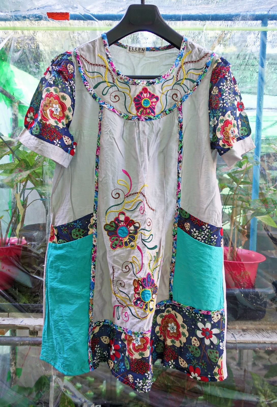 Boutique Upcycled Patched Tunic Duster | Colorful Hippie Artisan Studio Piece M+
