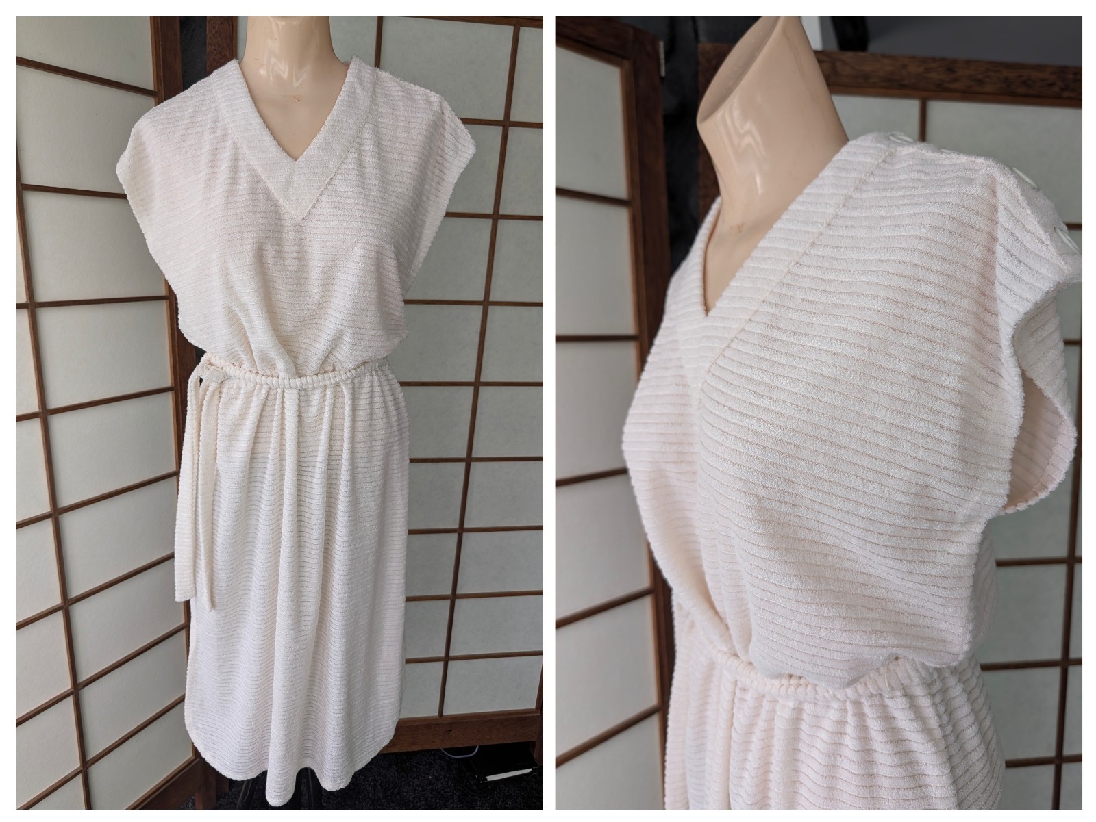 Vtg 1970s 80s Textured Terry Cloth Dress Swim Cover-up White Sz L Belted V-Neck