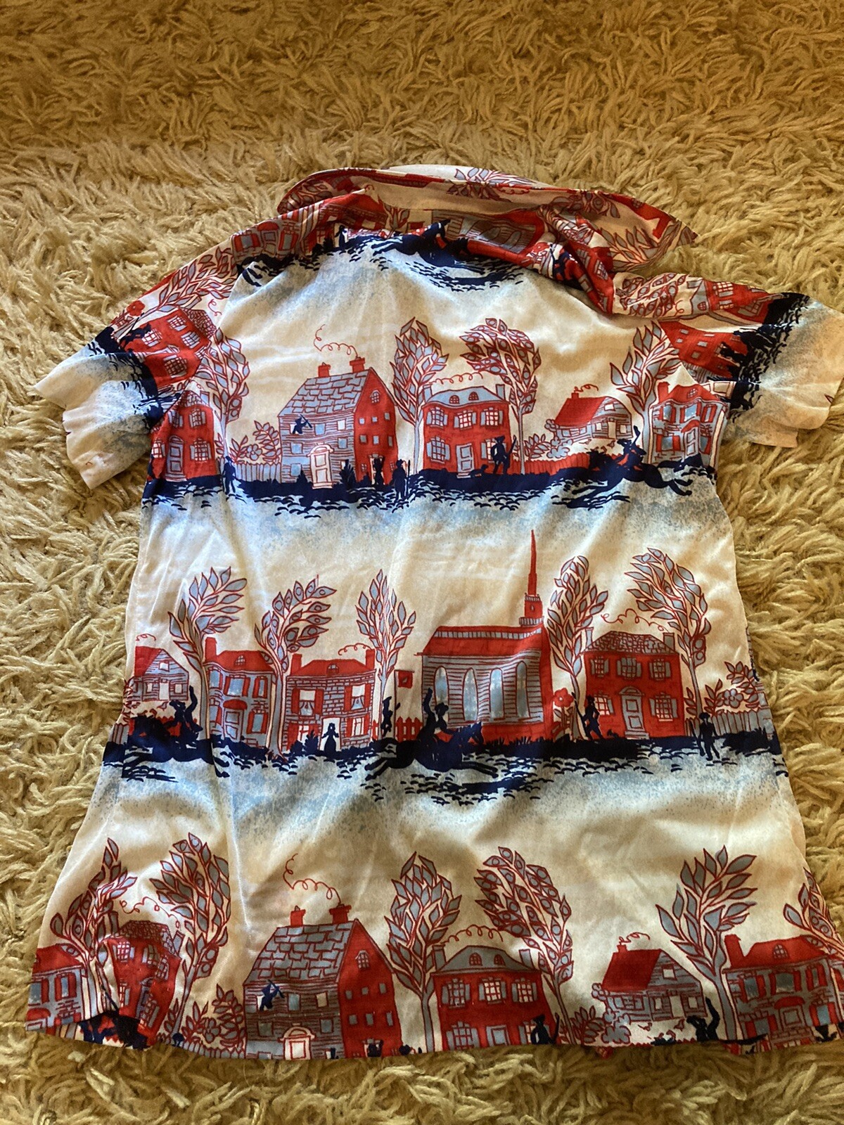 Vintage Graff California Wear Polyester Button Up Blouse Red Blue Houses Sm/Med