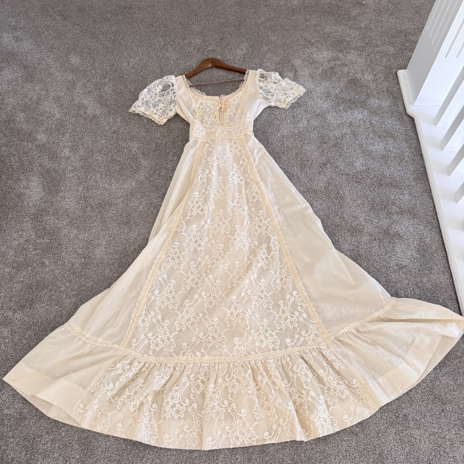 Vintage 70s Ivory Cream Lace Prairie Maxi Dress Size 11 Cottagecore Wedding Boho