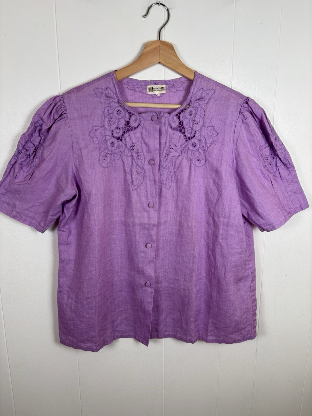 Vintage SYS Linen Blouse Top XL Hand Embroidered Purple Button Down Top