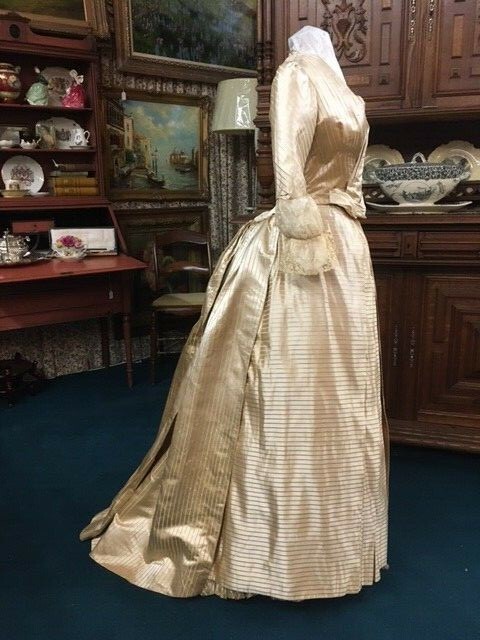#21-099, Stunning 1880&rsquo;s Ivory & Yellow Silk Stripe Ballgown