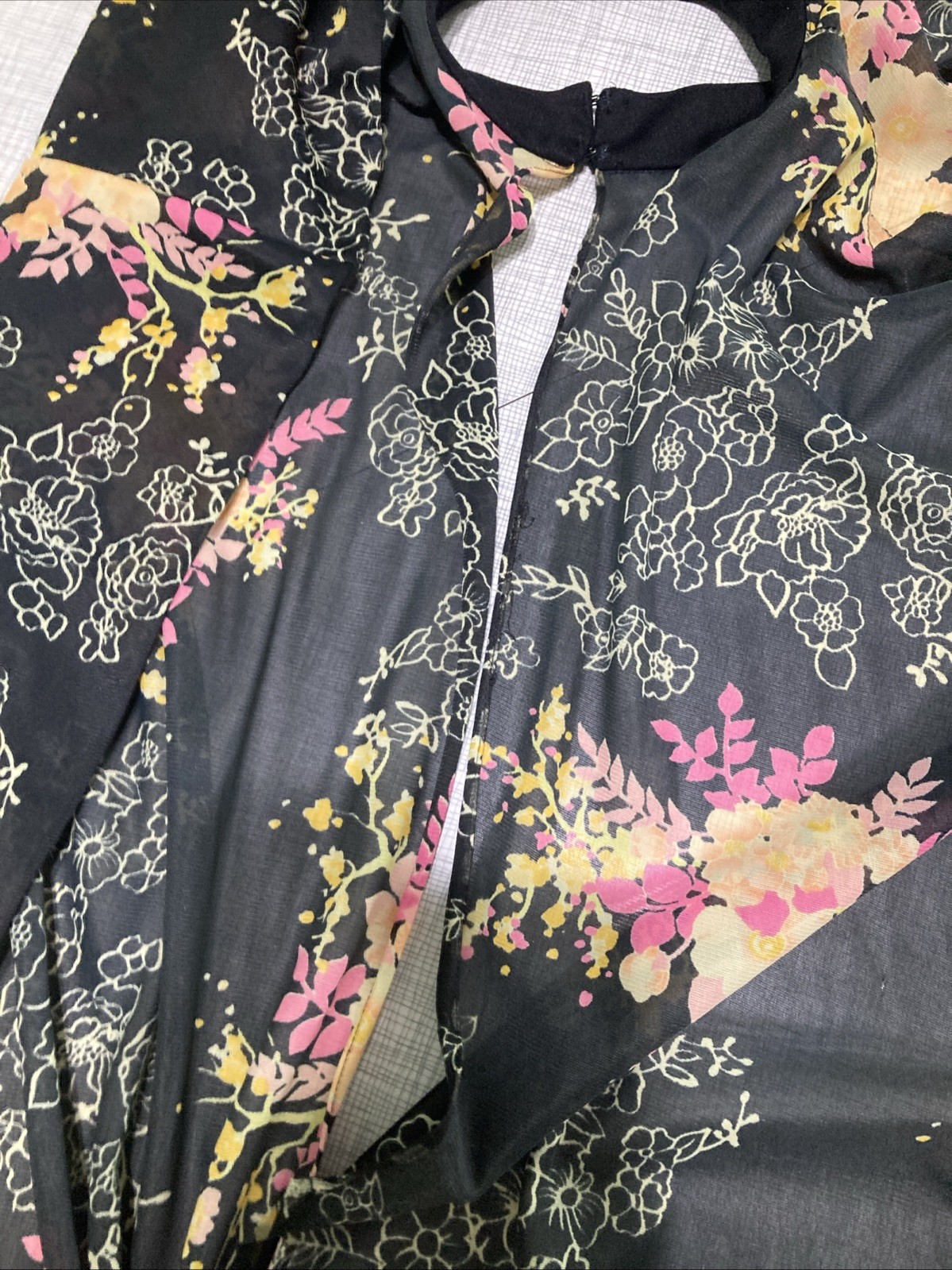 Vtg 70s Floral Chiffon Poncho Sheer Mock Neck Boho Festival Cape Top XS S EUC