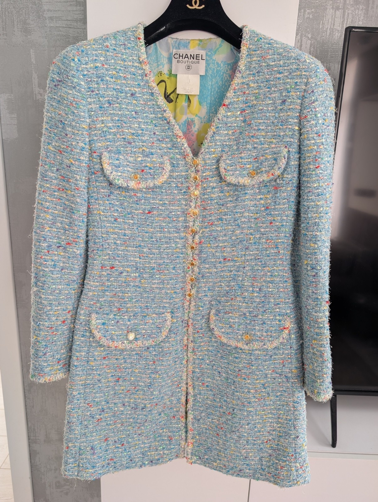 Chanel 1997 Confetti Fantasy Tweed Coat Blue Jacket Camellia Print Silk Dress 40
