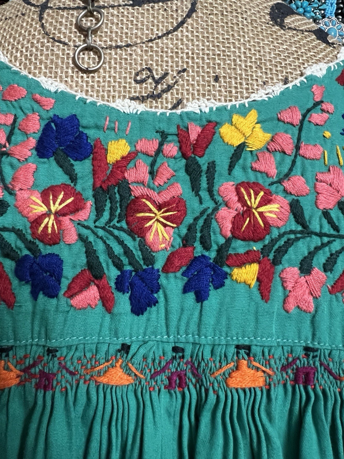 Beautiful Green Mexican Oaxaca Dress In Long Sleeve Multi Color Embroidery M/L