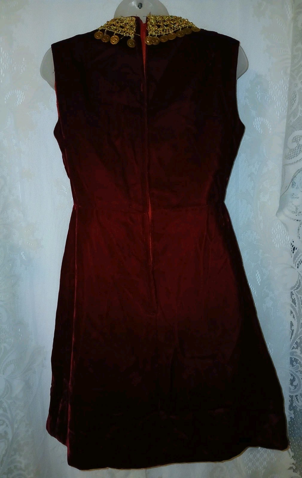 Vintage 60s Renaissance Revival Red Velvet Gold Brocade Coins Tunic Mini Dress